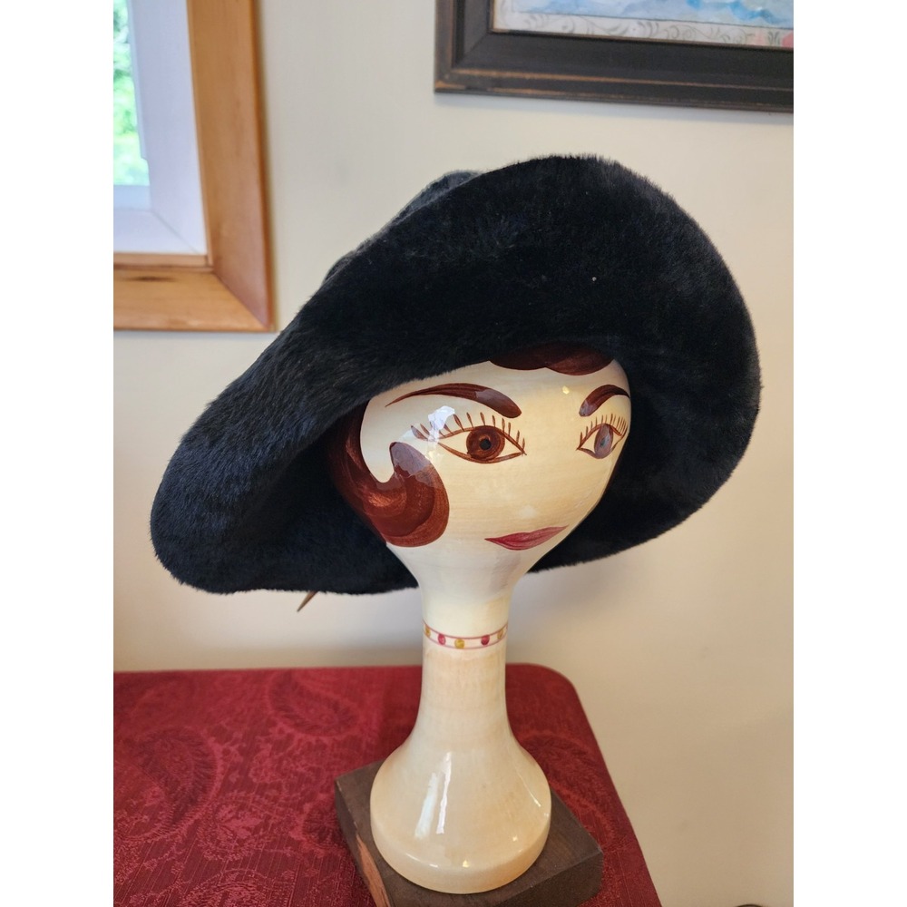 Vintage Womens Hat Wide Brim Boho Steampunk Black Fur Slouchy 60s Atelier Lucas